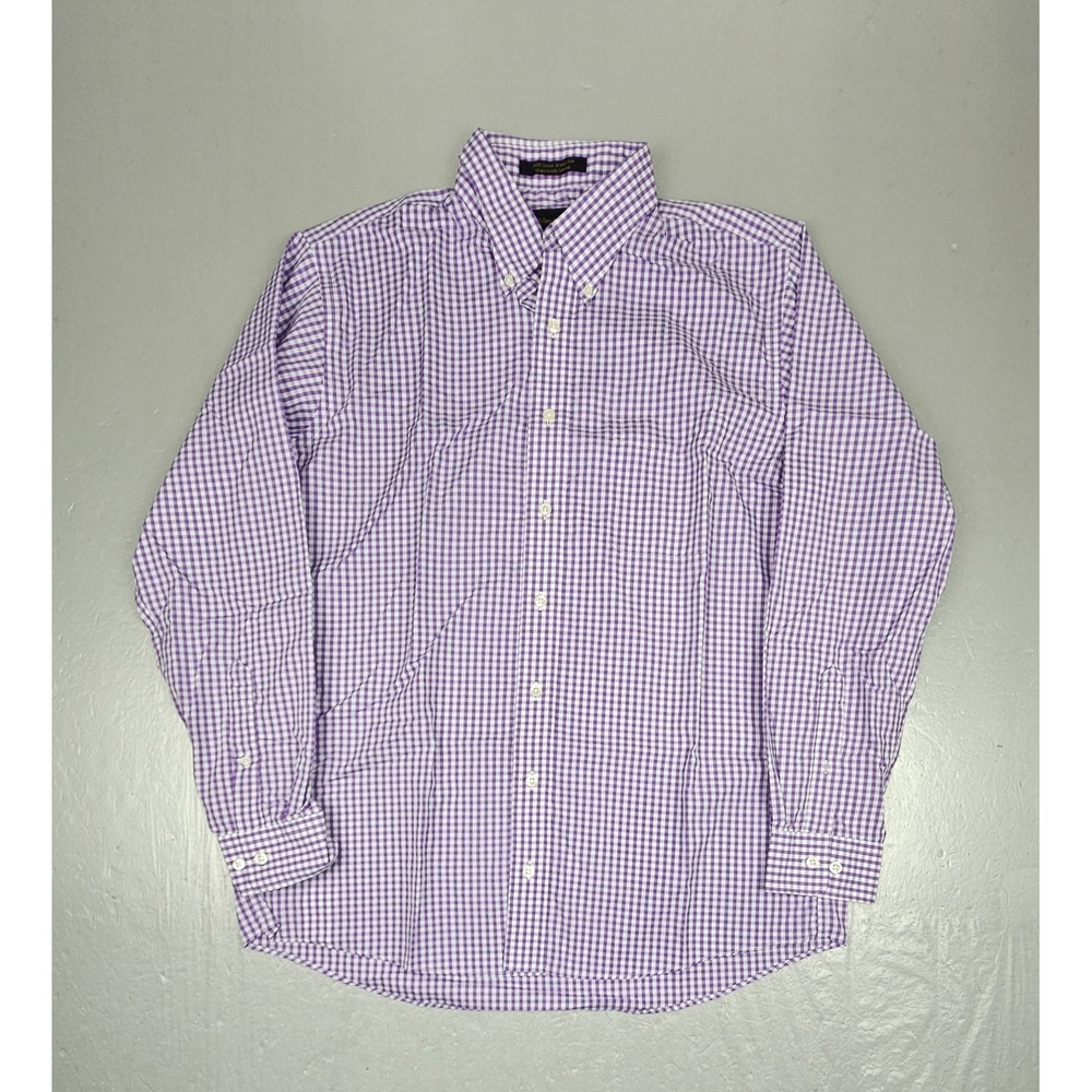 Allen Edmonds‎ Button Down Shirt Mens Large Purple Gingham Check Wrinkle Free